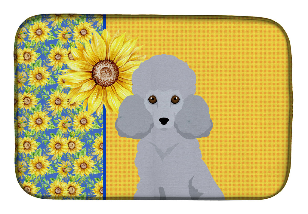 Summer Sunflowers Toy Silver Poodle Dish Drying Mat Absorbent Dish Drying Mat Pad for Kitchen Counter Dish Drainer Mat for Countertop, 14 x 21", Multicolor