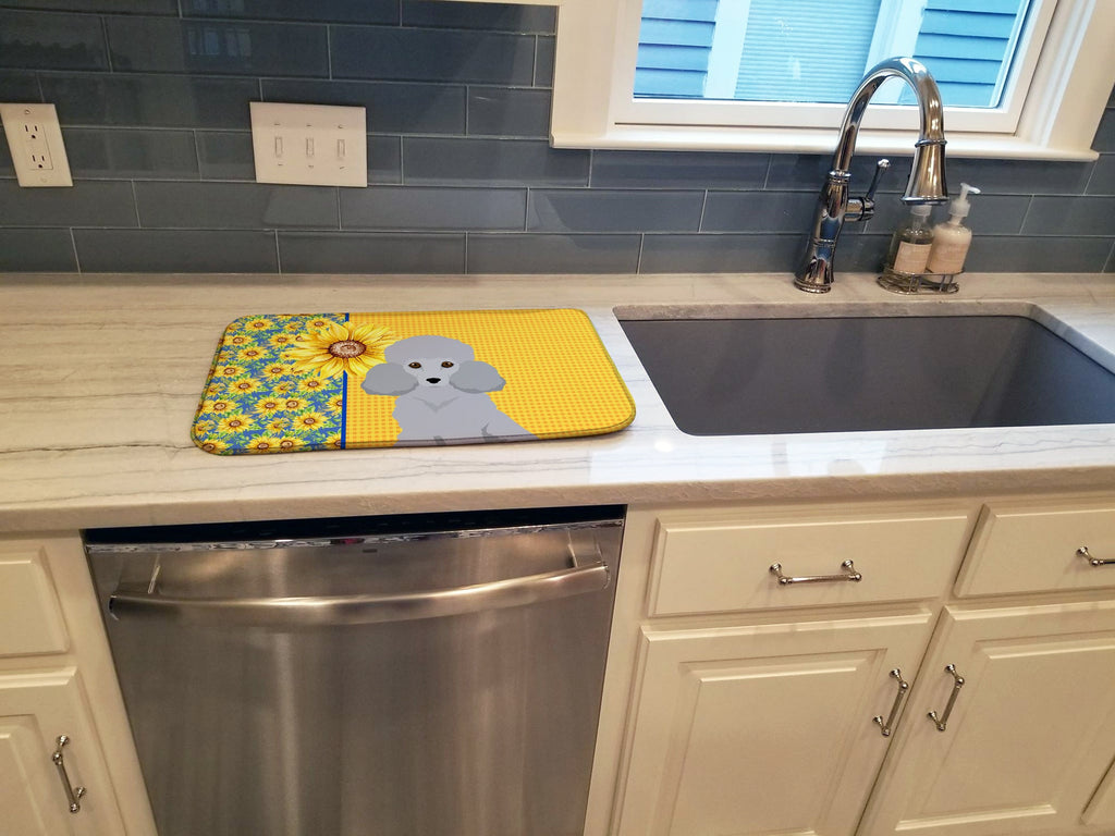Summer Sunflowers Toy Silver Poodle Dish Drying Mat Absorbent Dish Drying Mat Pad for Kitchen Counter Dish Drainer Mat for Countertop, 14 x 21", Multicolor