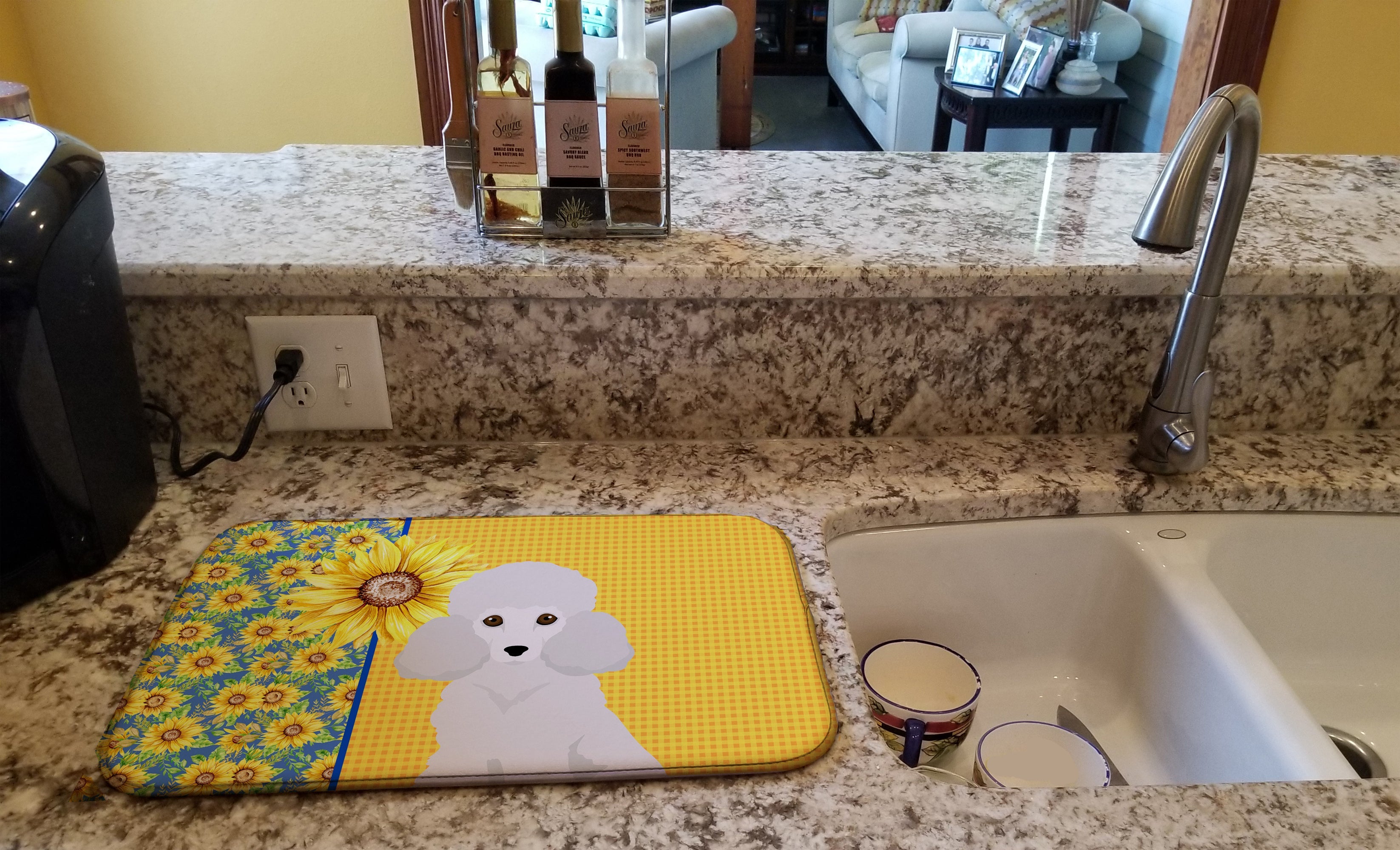 Summer Sunflowers Toy White Poodle Dish Drying Mat Absorbent Dish Drying Mat Pad for Kitchen Counter Dish Drainer Mat for Countertop, 14 x 21", Multicolor