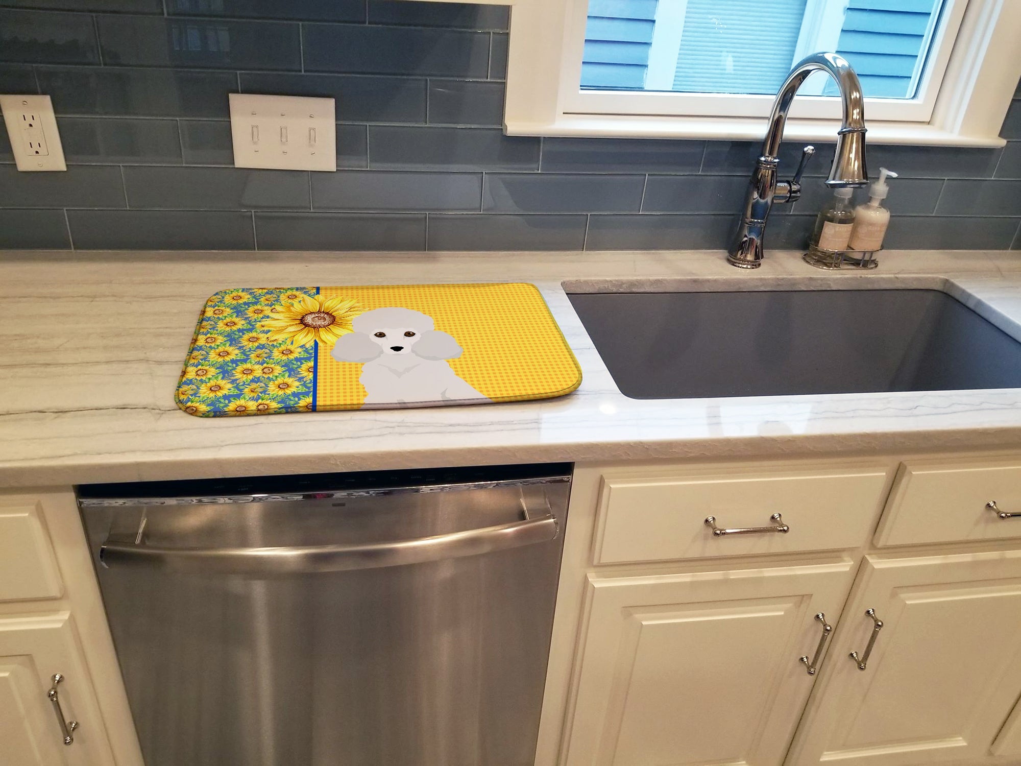 Summer Sunflowers Toy White Poodle Dish Drying Mat Absorbent Dish Drying Mat Pad for Kitchen Counter Dish Drainer Mat for Countertop, 14 x 21", Multicolor