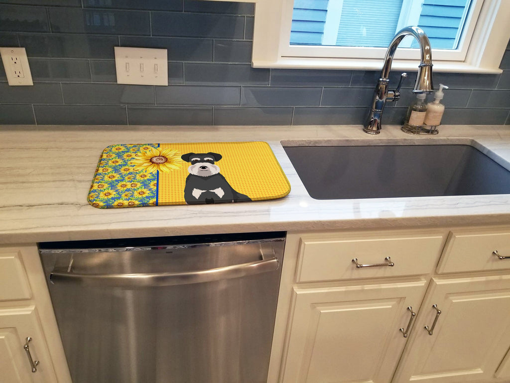 Summer Sunflowers Black and Silver Natural Ears Schnauzer Dish Drying Mat Absorbent Dish Drying Mat Pad for Kitchen Counter Dish Drainer Mat for Countertop, 14 x 21", Multicolor
