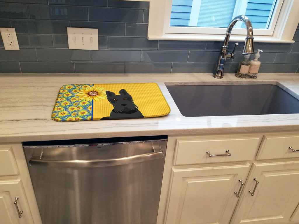 Summer Sunflowers Black Scottish Terrier Dish Drying Mat Absorbent Dish Drying Mat Pad for Kitchen Counter Dish Drainer Mat for Countertop, 14 x 21", Multicolor