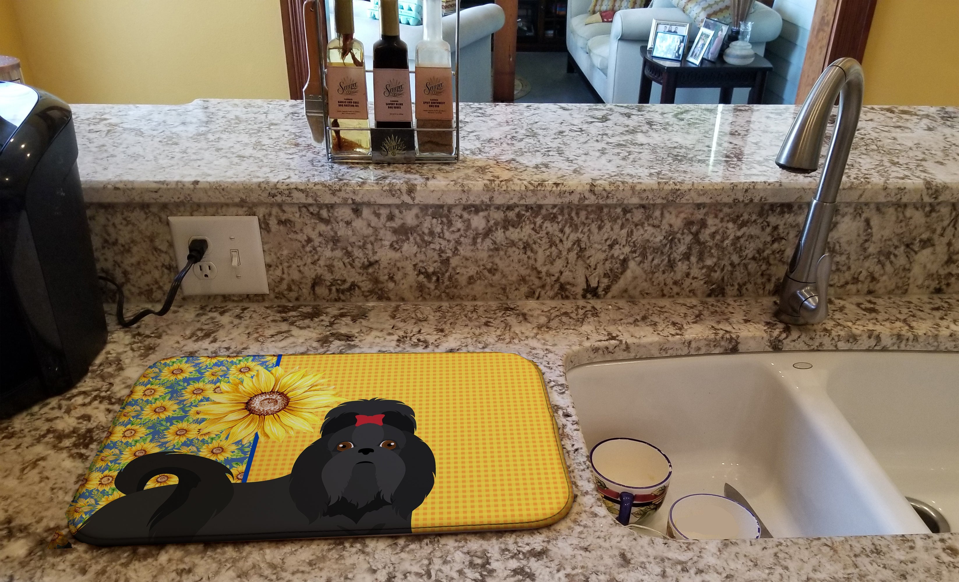 Summer Sunflowers Black Shih Tzu Dish Drying Mat Absorbent Dish Drying Mat Pad for Kitchen Counter Dish Drainer Mat for Countertop, 14 x 21", Multicolor