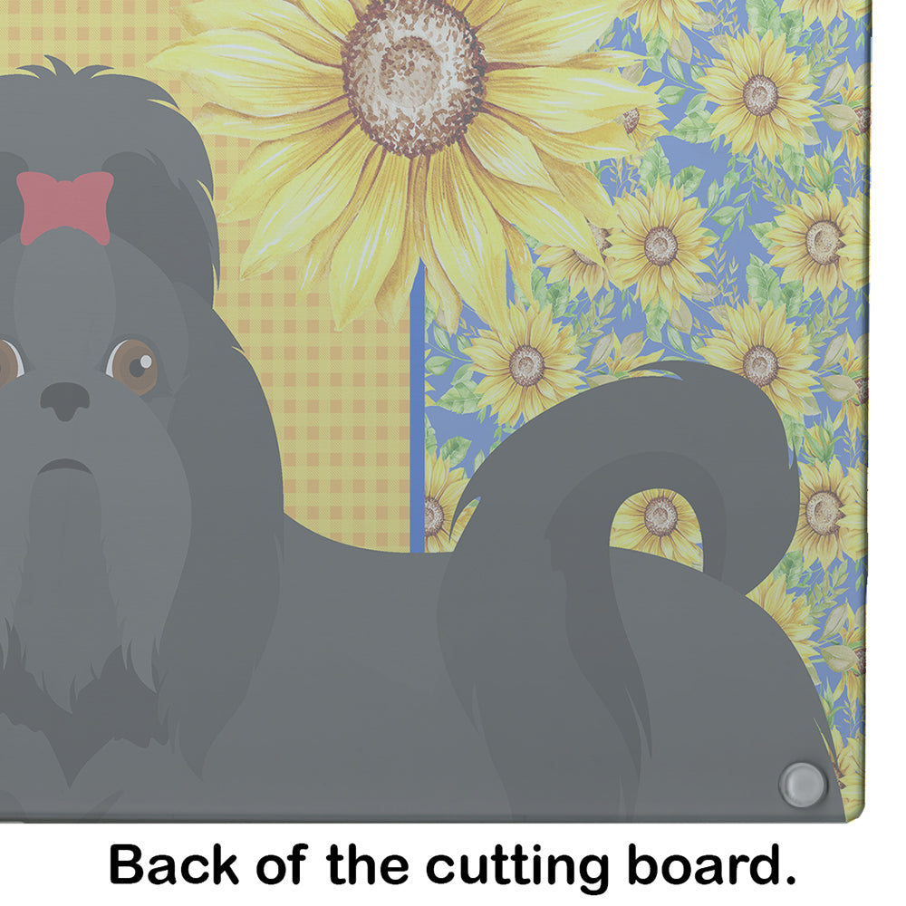 Summer Sunflowers Black Shih Tzu Cutting Board Tempered Glass Kitchen Cutting Surface, Heat Resistant Chopping, Non-Slip Feet, Food Prep & Serving