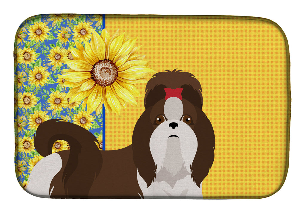 Summer Sunflowers Liver and White Shih Tzu Dish Drying Mat Absorbent Dish Drying Mat Pad for Kitchen Counter Dish Drainer Mat for Countertop, 14 x 21", Multicolor