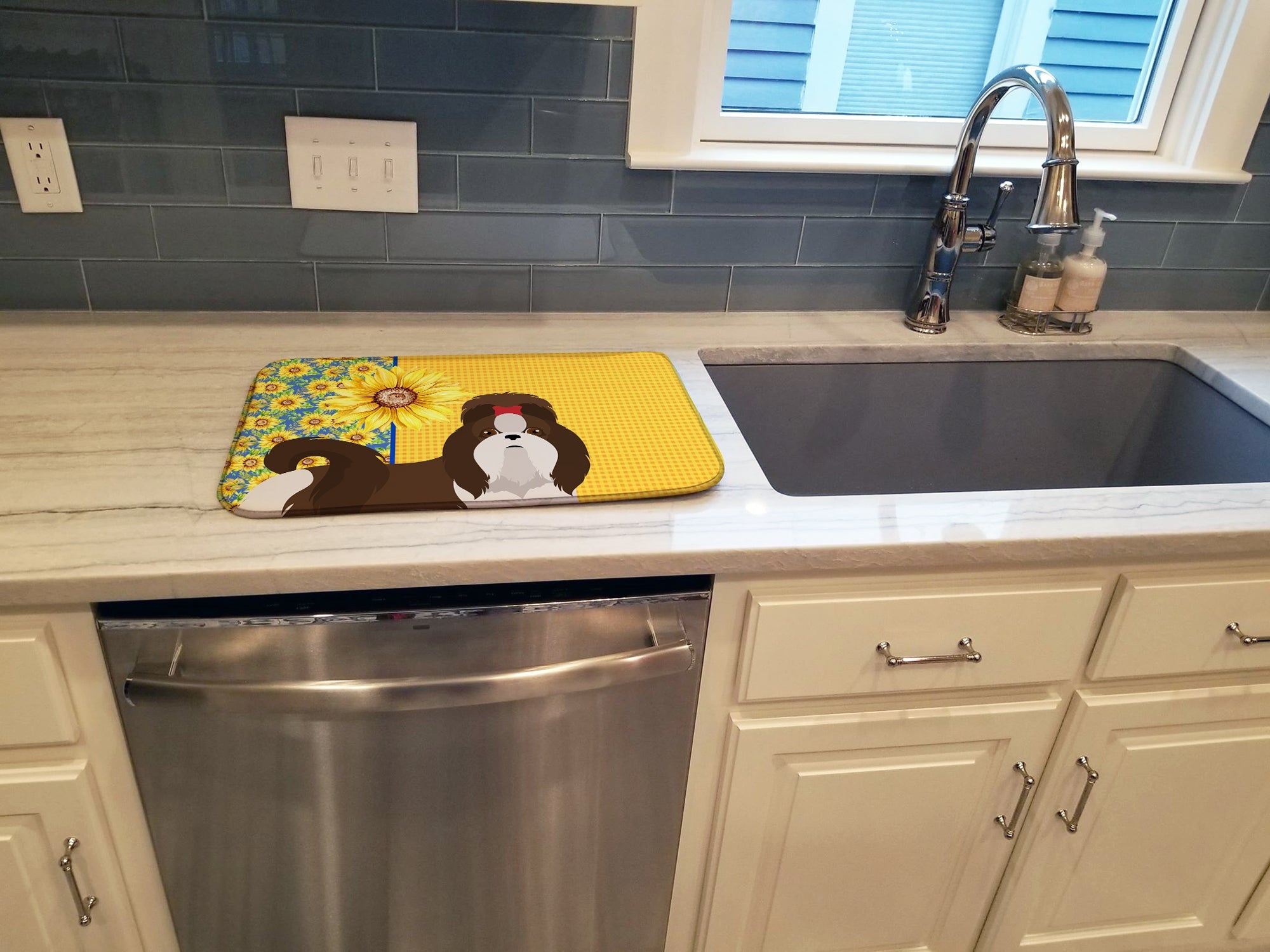 Summer Sunflowers Liver and White Shih Tzu Dish Drying Mat Absorbent Dish Drying Mat Pad for Kitchen Counter Dish Drainer Mat for Countertop, 14 x 21", Multicolor