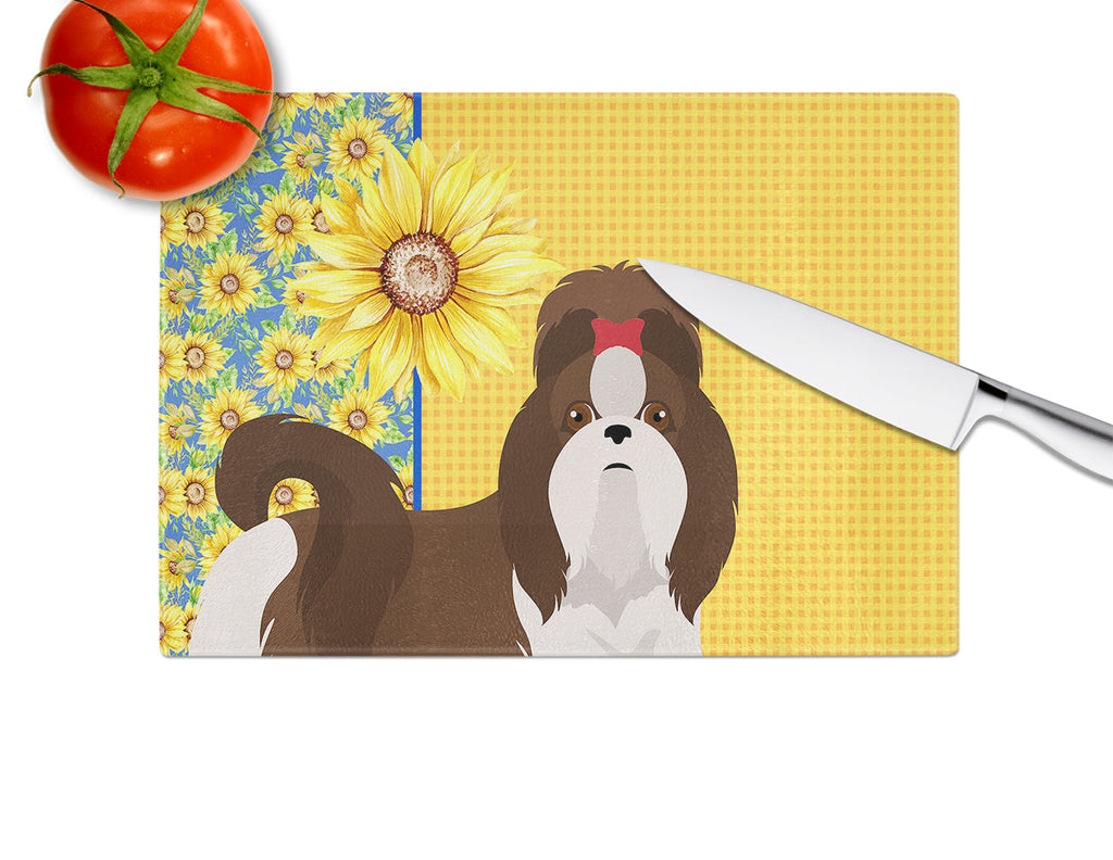 Summer Sunflowers Liver and White Shih Tzu Cutting Board Tempered Glass Kitchen Cutting Surface, Heat Resistant Chopping, Non-Slip Feet, Food Prep & Serving