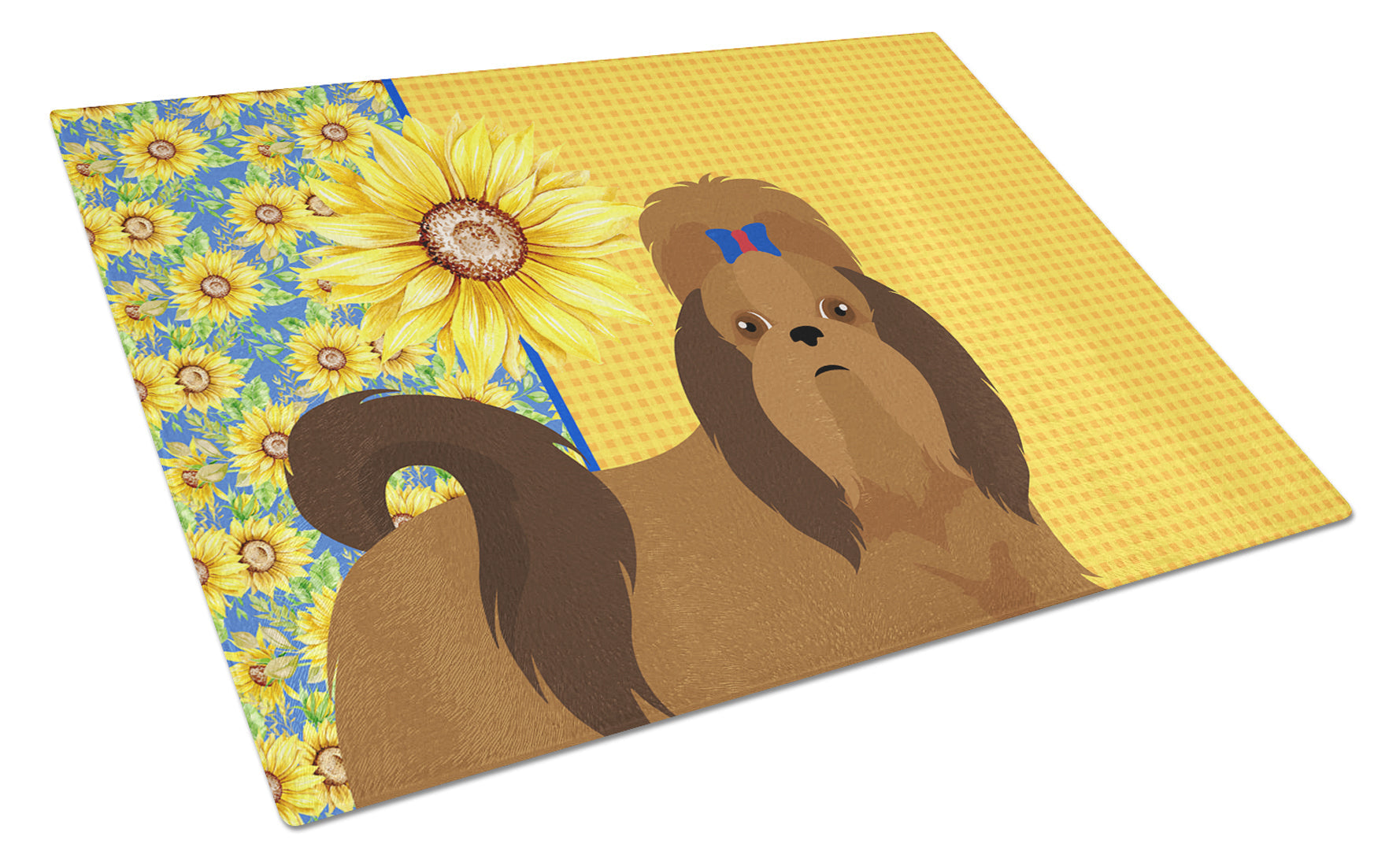 Summer Sunflowers Red Shih Tzu Cutting Board Tempered Glass Kitchen Cutting Surface, Heat Resistant Chopping, Non-Slip Feet, Food Prep & Serving
