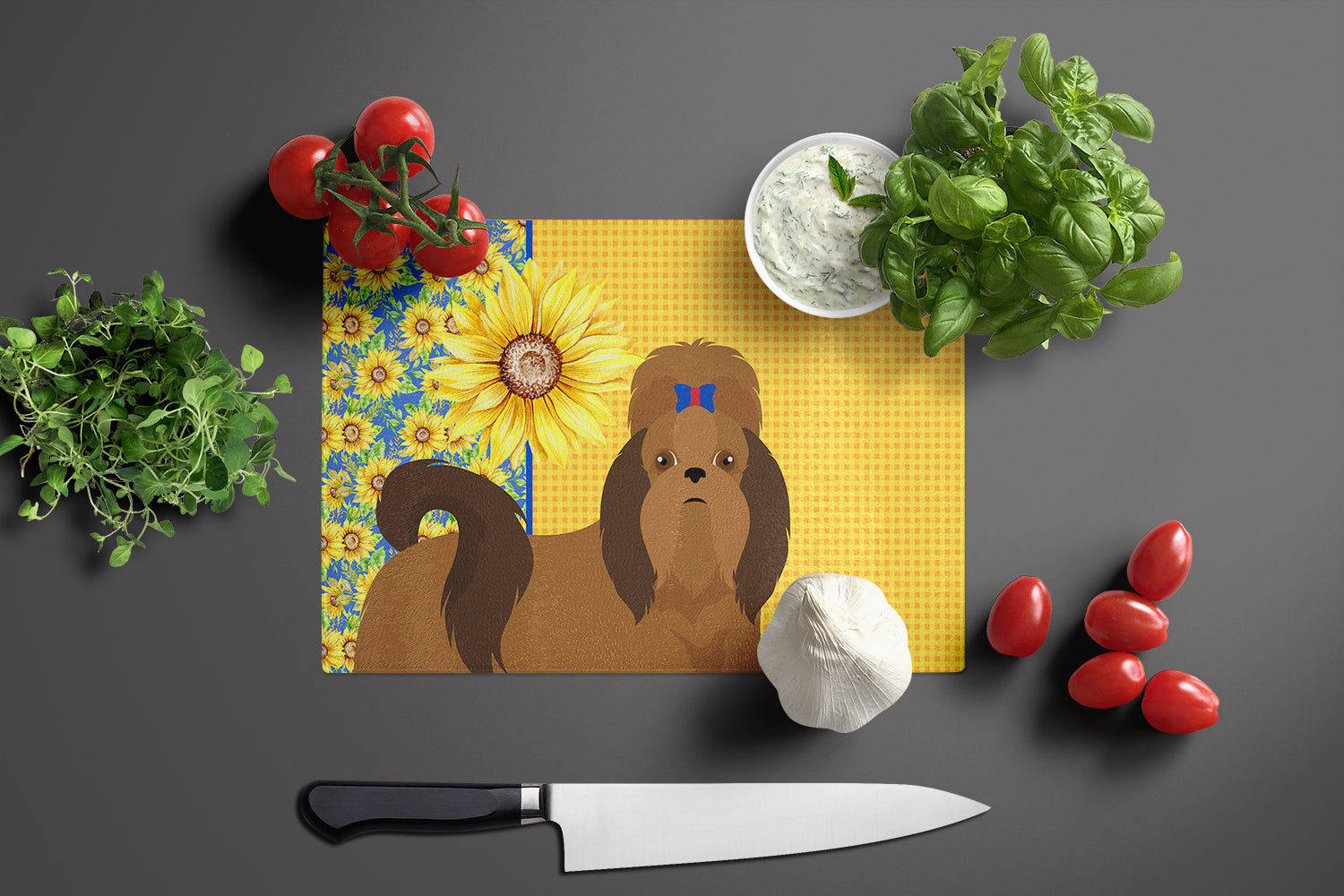 Summer Sunflowers Red Shih Tzu Cutting Board Tempered Glass Kitchen Cutting Surface, Heat Resistant Chopping, Non-Slip Feet, Food Prep & Serving