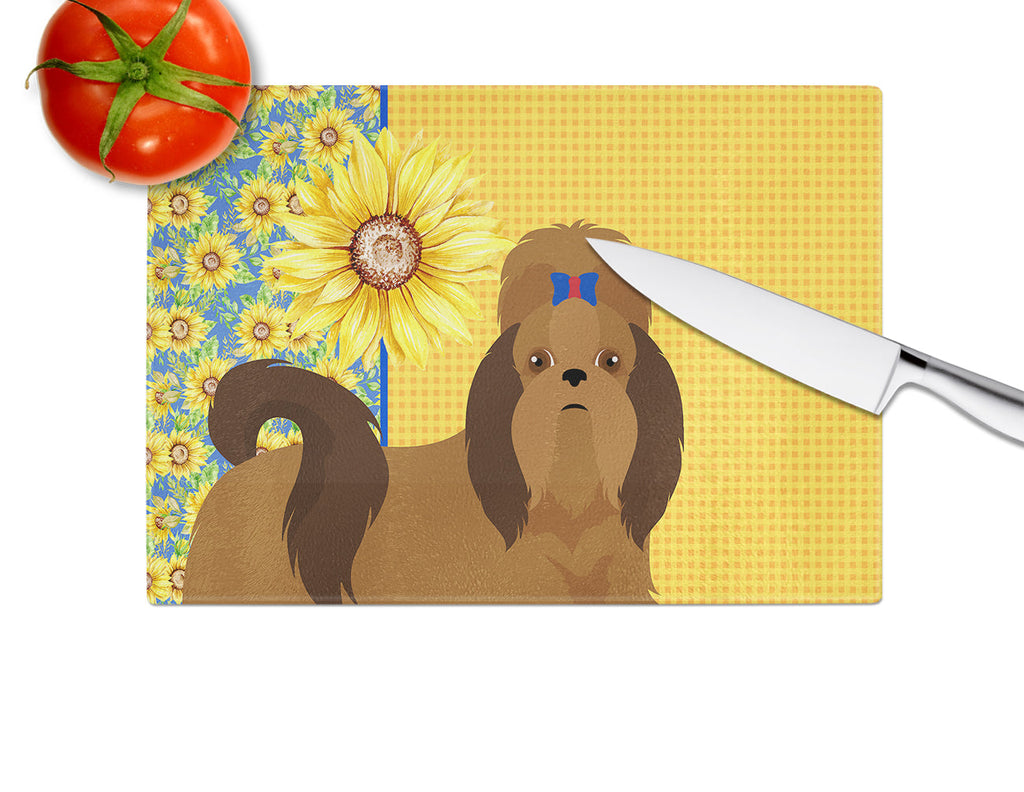 Summer Sunflowers Red Shih Tzu Cutting Board Tempered Glass Kitchen Cutting Surface, Heat Resistant Chopping, Non-Slip Feet, Food Prep & Serving
