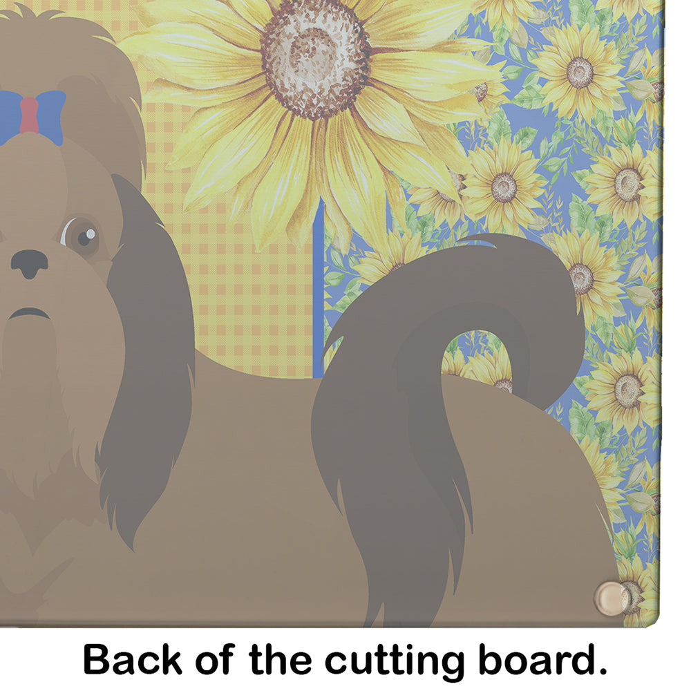Summer Sunflowers Red Shih Tzu Cutting Board Tempered Glass Kitchen Cutting Surface, Heat Resistant Chopping, Non-Slip Feet, Food Prep & Serving