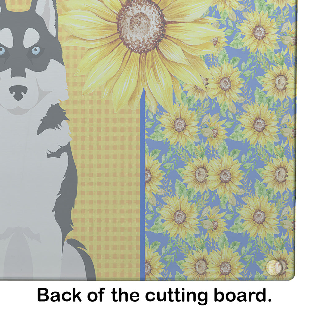 Summer Sunflowers Black Siberian Husky Cutting Board Tempered Glass Kitchen Cutting Surface, Heat Resistant Chopping, Non-Slip Feet, Food Prep & Serving