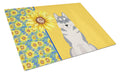 Summer Sunflowers Grey Siberian Husky Cutting Board Tempered Glass Kitchen Cutting Surface, Heat Resistant Chopping, Non-Slip Feet, Food Prep & Serving