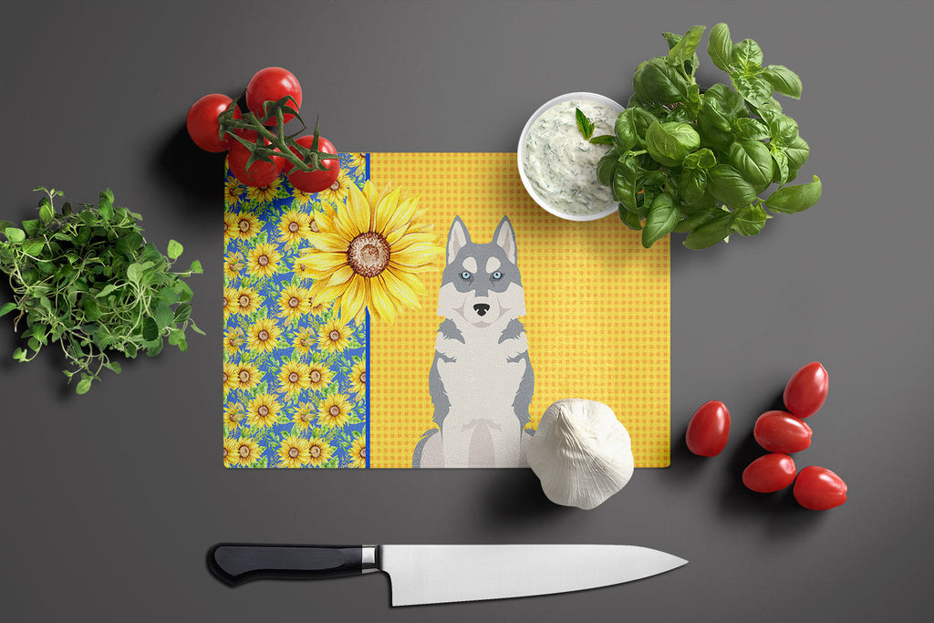 Summer Sunflowers Grey Siberian Husky Cutting Board Tempered Glass Kitchen Cutting Surface, Heat Resistant Chopping, Non-Slip Feet, Food Prep & Serving