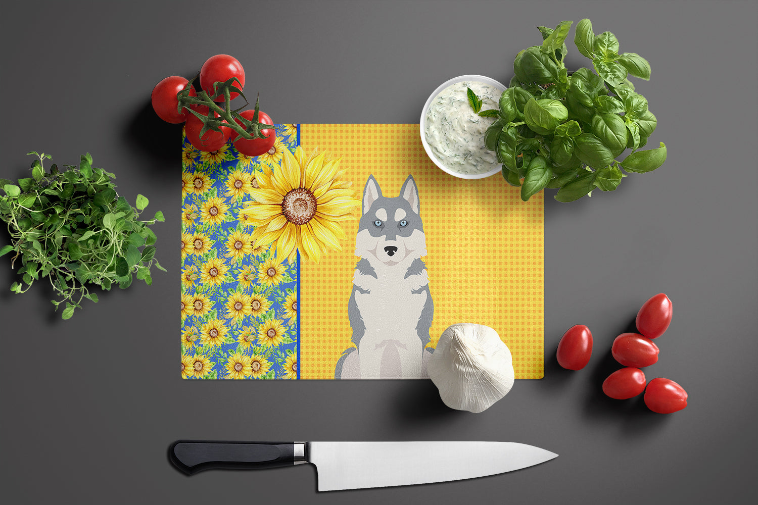 Summer Sunflowers Grey Siberian Husky Cutting Board Tempered Glass Kitchen Cutting Surface, Heat Resistant Chopping, Non-Slip Feet, Food Prep & Serving