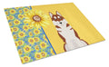Summer Sunflowers Red Siberian Husky Cutting Board Tempered Glass Kitchen Cutting Surface, Heat Resistant Chopping, Non-Slip Feet, Food Prep & Serving