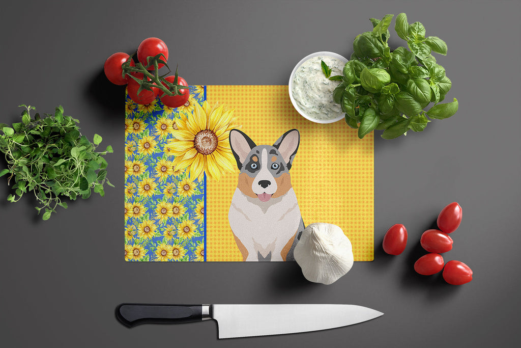 Summer Sunflowers Blue Merle Cardigan Corgi Cutting Board Tempered Glass Kitchen Cutting Surface, Heat Resistant Chopping, Non-Slip Feet, Food Prep & Serving