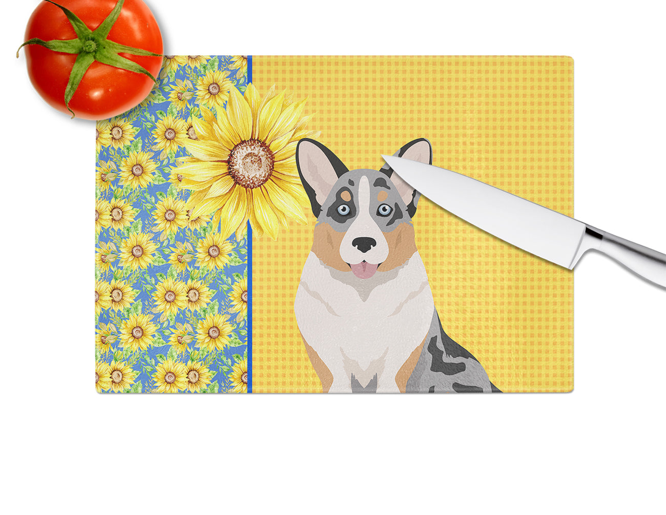 Summer Sunflowers Blue Merle Cardigan Corgi Cutting Board Tempered Glass Kitchen Cutting Surface, Heat Resistant Chopping, Non-Slip Feet, Food Prep & Serving