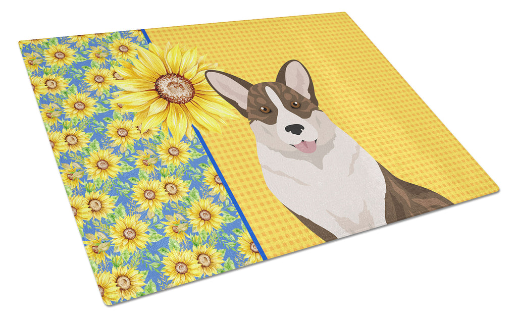 Summer Sunflowers Brindle Cardigan Corgi Cutting Board Tempered Glass Kitchen Cutting Surface, Heat Resistant Chopping, Non-Slip Feet, Food Prep & Serving