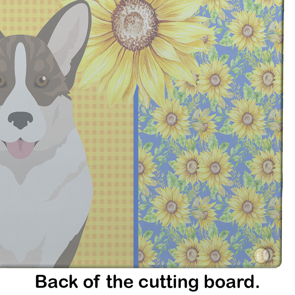 Summer Sunflowers Brindle Cardigan Corgi Cutting Board Tempered Glass Kitchen Cutting Surface, Heat Resistant Chopping, Non-Slip Feet, Food Prep & Serving