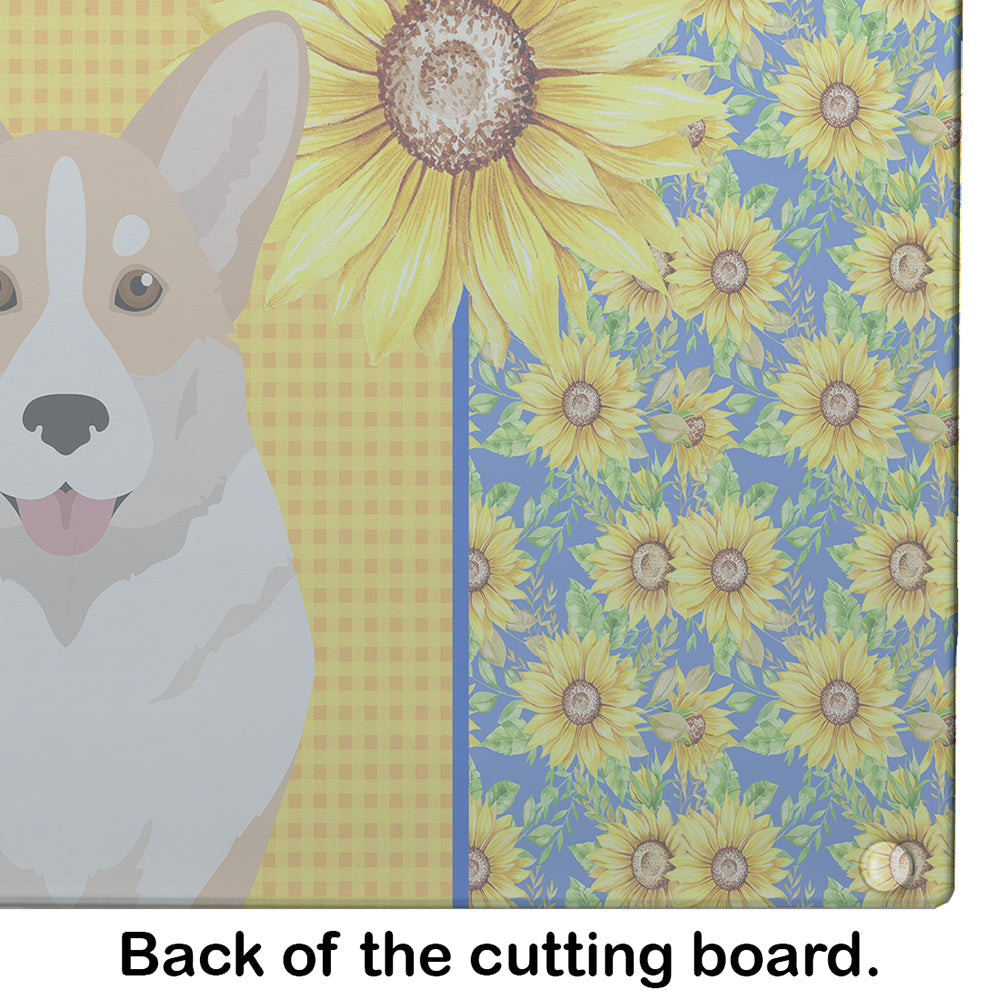 Summer Sunflowers Fawn Cardigan Corgi Cutting Board Tempered Glass Kitchen Cutting Surface, Heat Resistant Chopping, Non-Slip Feet, Food Prep & Serving