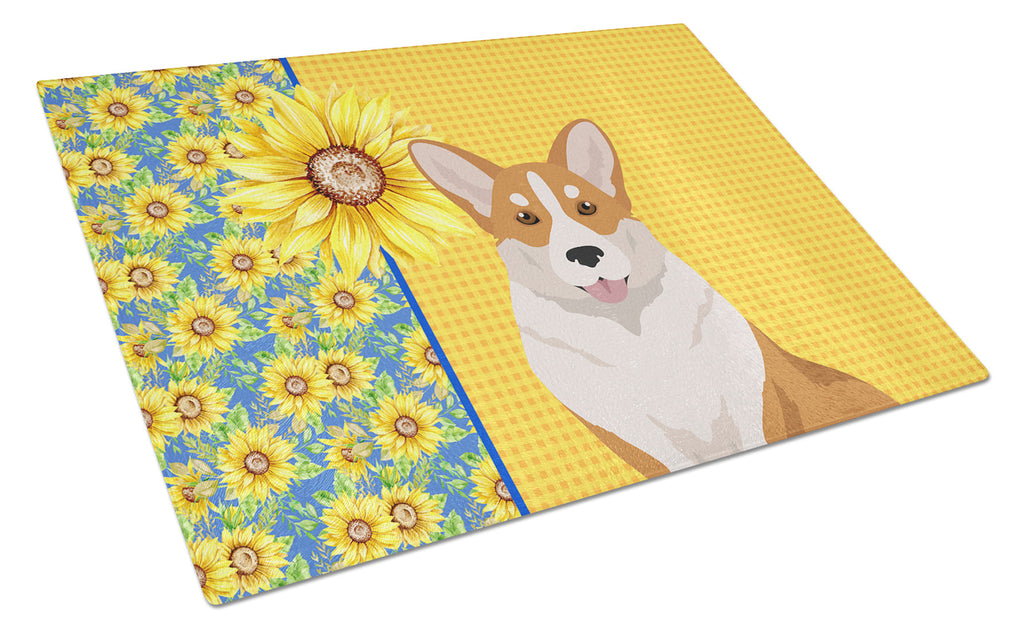 Summer Sunflowers Red Cardigan Corgi Cutting Board Tempered Glass Kitchen Cutting Surface, Heat Resistant Chopping, Non-Slip Feet, Food Prep & Serving
