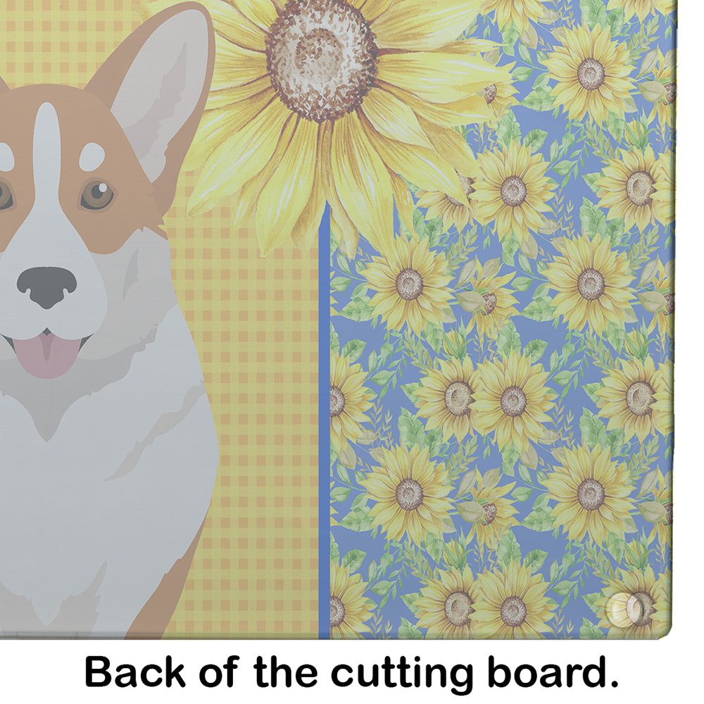 Summer Sunflowers Red Cardigan Corgi Cutting Board Tempered Glass Kitchen Cutting Surface, Heat Resistant Chopping, Non-Slip Feet, Food Prep & Serving