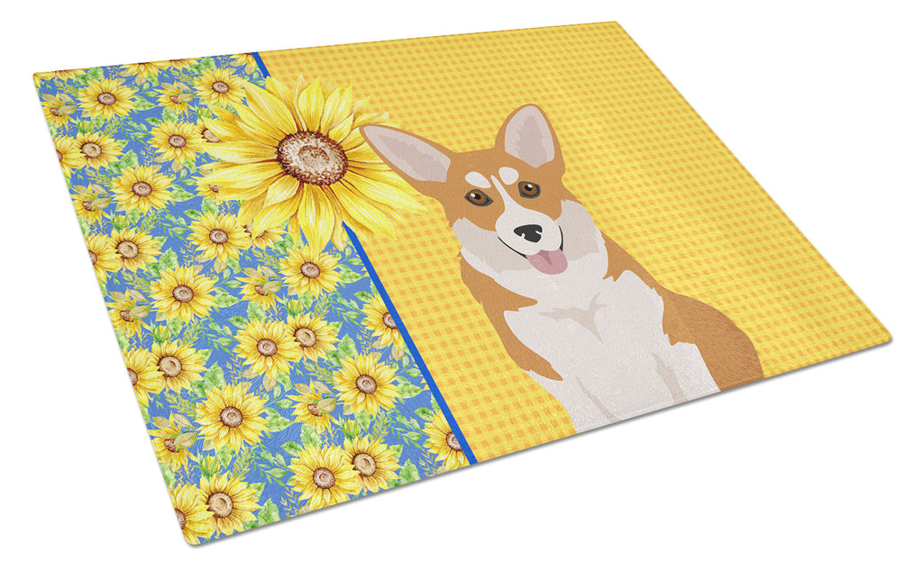Summer Sunflowers Red Pembroke Corgi Cutting Board Tempered Glass Kitchen Cutting Surface, Heat Resistant Chopping, Non-Slip Feet, Food Prep & Serving