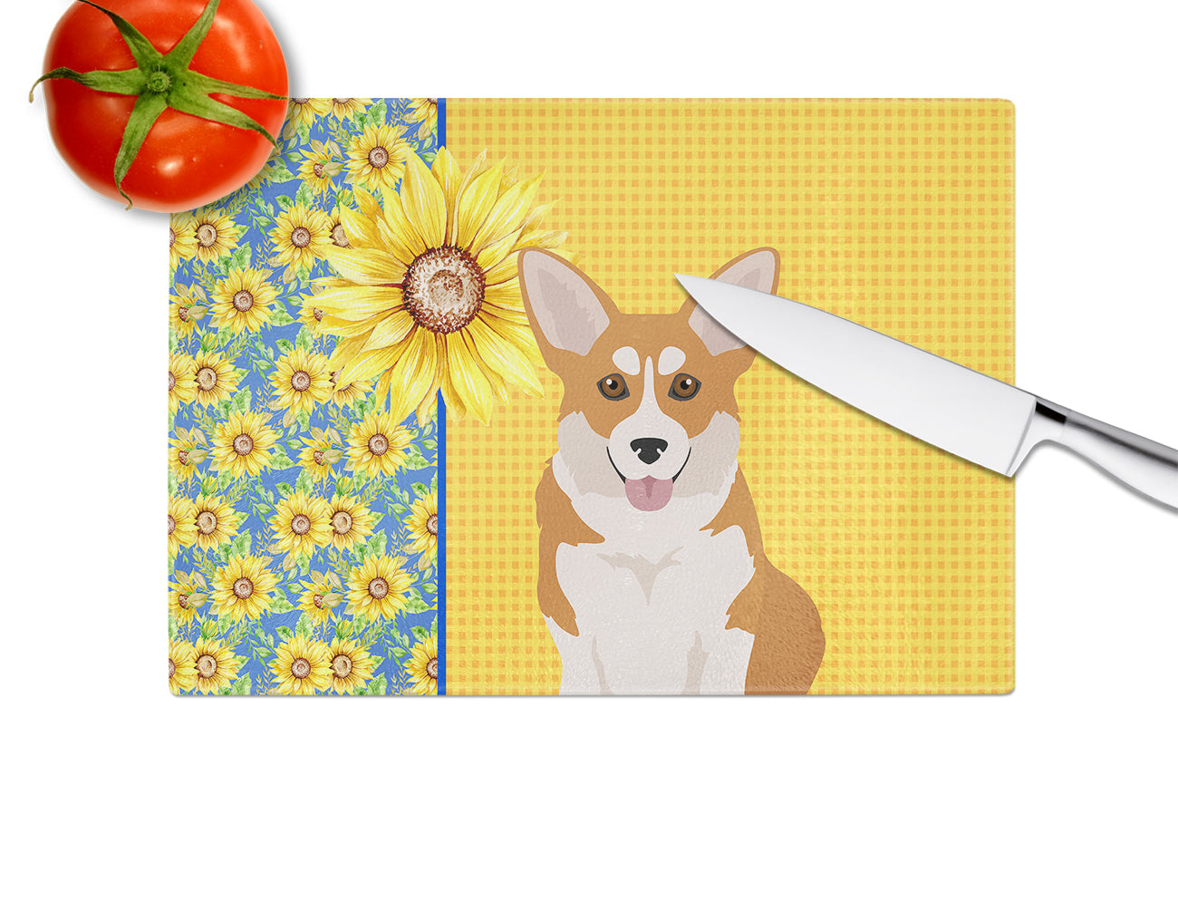 Summer Sunflowers Red Pembroke Corgi Cutting Board Tempered Glass Kitchen Cutting Surface, Heat Resistant Chopping, Non-Slip Feet, Food Prep & Serving
