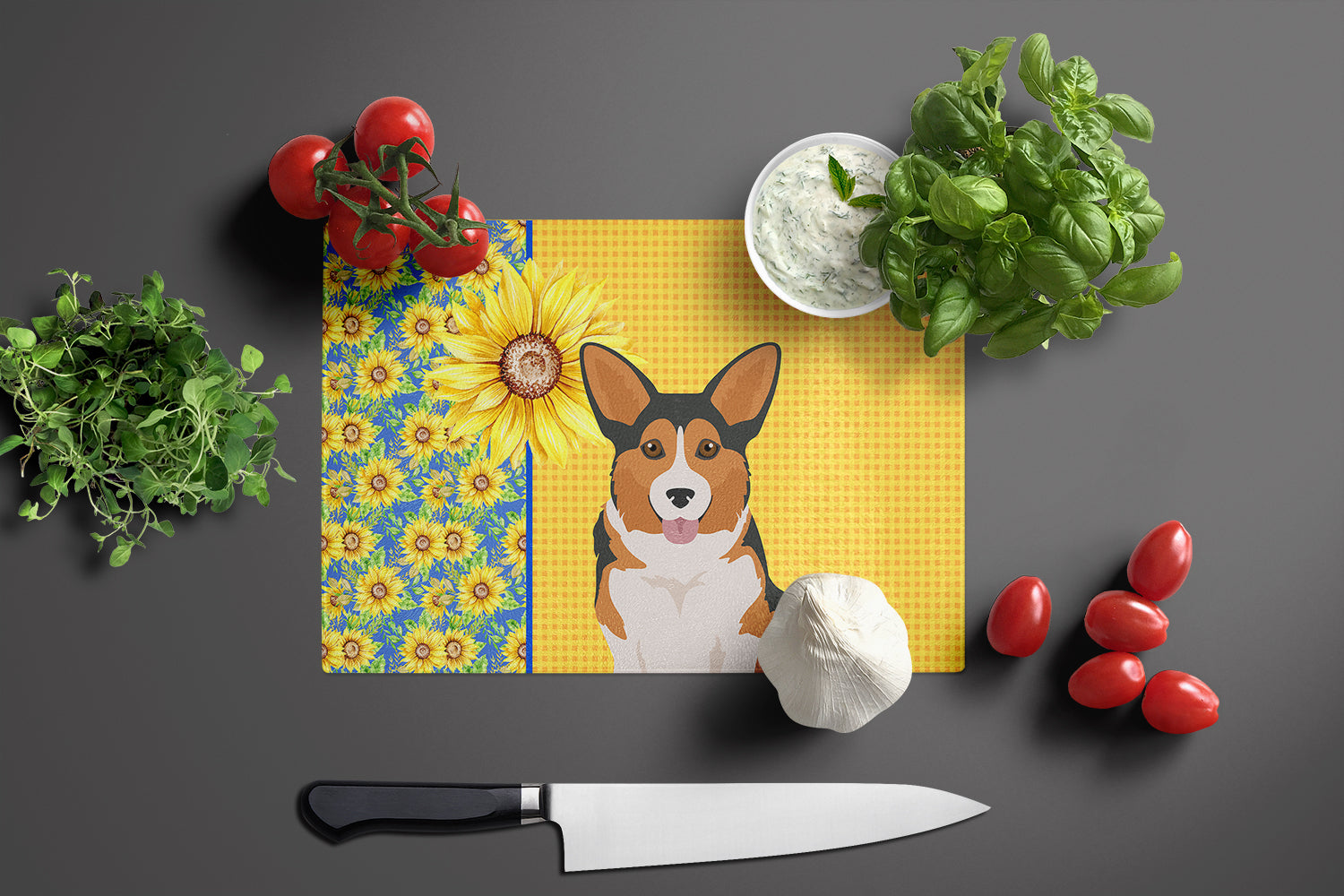 Summer Sunflowers Sable Pembroke Corgi Cutting Board Tempered Glass Kitchen Cutting Surface, Heat Resistant Chopping, Non-Slip Feet, Food Prep & Serving