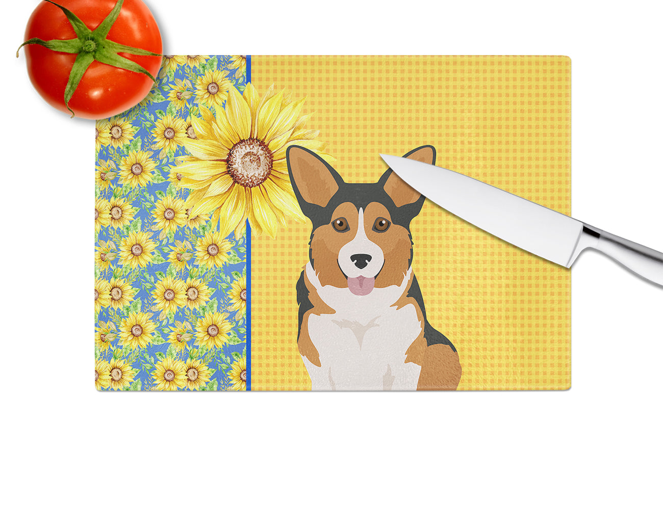 Summer Sunflowers Sable Pembroke Corgi Cutting Board Tempered Glass Kitchen Cutting Surface, Heat Resistant Chopping, Non-Slip Feet, Food Prep & Serving