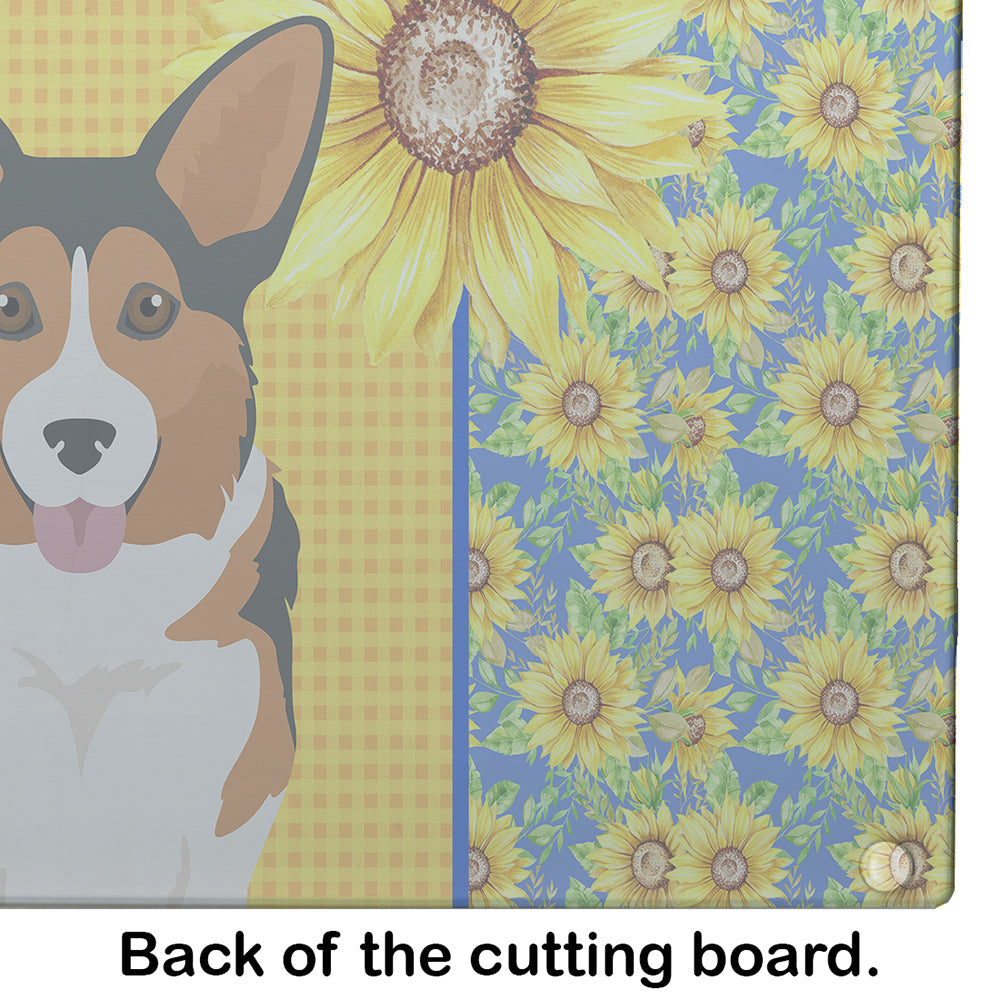 Summer Sunflowers Sable Pembroke Corgi Cutting Board Tempered Glass Kitchen Cutting Surface, Heat Resistant Chopping, Non-Slip Feet, Food Prep & Serving