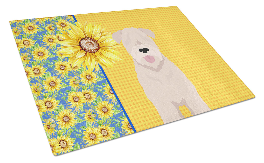 Summer Sunflowers Soft Coated Wheaten Terrier Cutting Board Tempered Glass Kitchen Cutting Surface, Heat Resistant Chopping, Non-Slip Feet, Food Prep & Serving