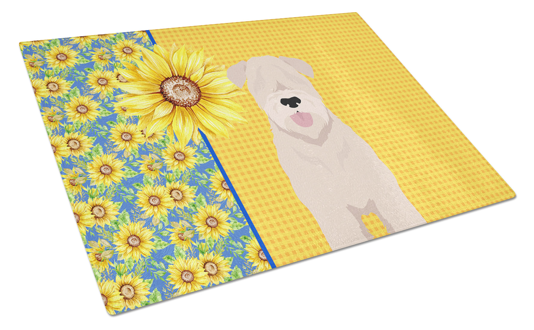 Summer Sunflowers Soft Coated Wheaten Terrier Cutting Board Tempered Glass Kitchen Cutting Surface, Heat Resistant Chopping, Non-Slip Feet, Food Prep & Serving