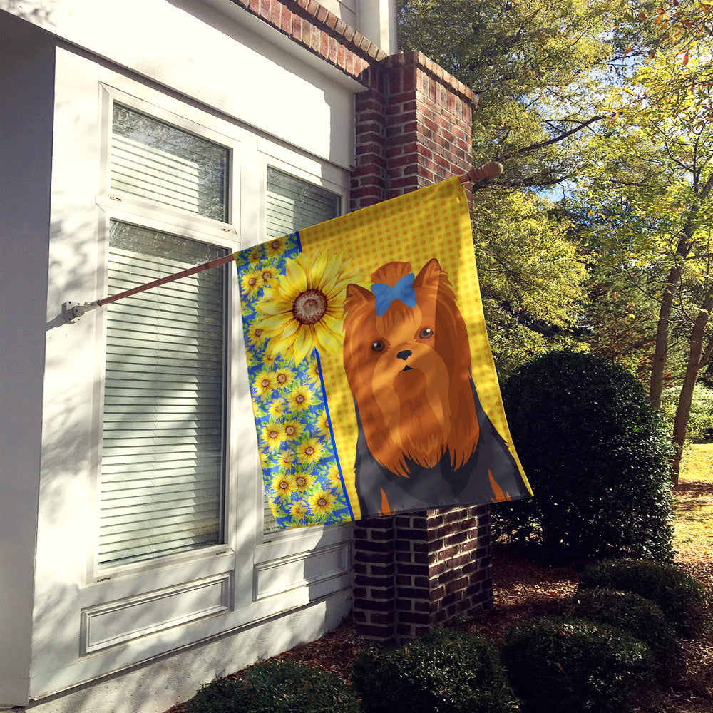 Summer Sunflowers Black and Tan Full Coat Yorkshire Terrier House Flag 28x40 Porch Sleeve Pole Decorative Outside Yard Banner Artwork Wall Hanging, Polyester
