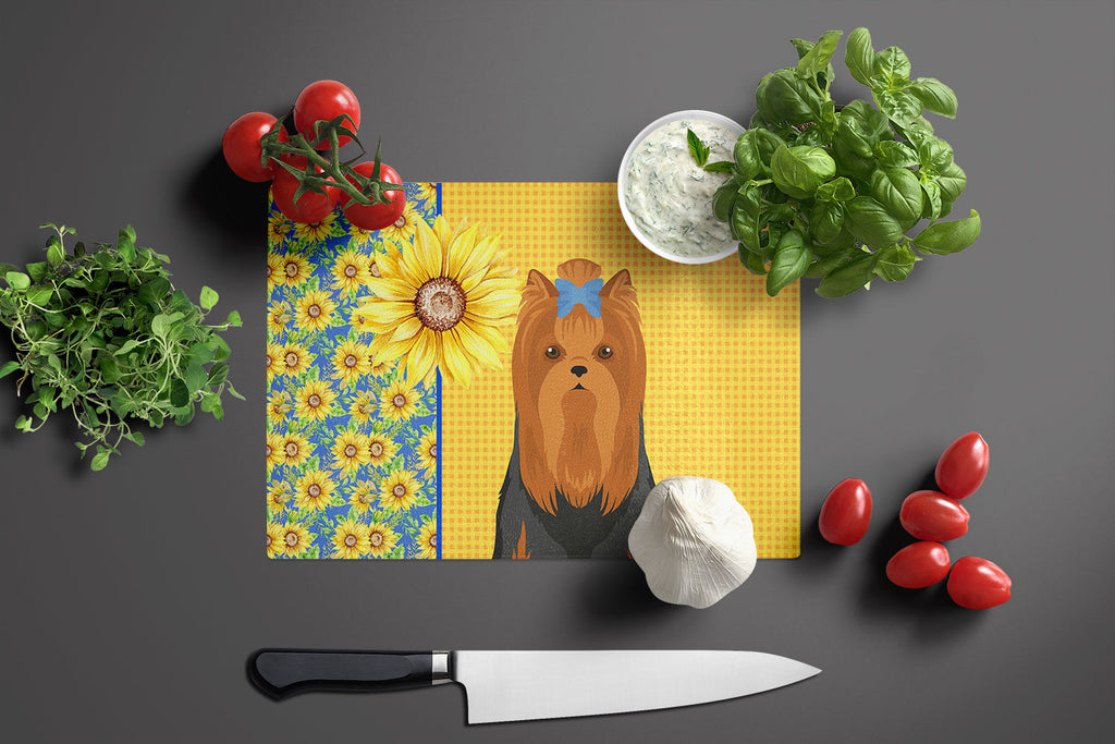 Summer Sunflowers Black and Tan Full Coat Yorkshire Terrier Cutting Board Tempered Glass Kitchen Cutting Surface, Heat Resistant Chopping, Non-Slip Feet, Food Prep & Serving