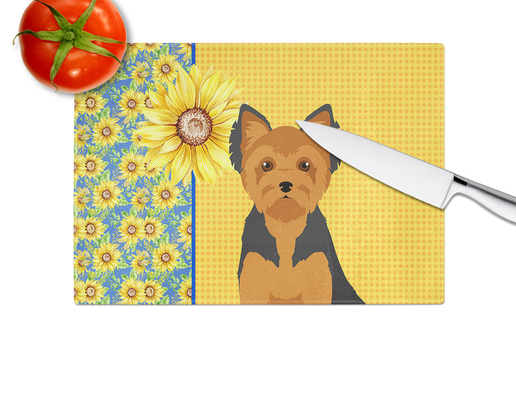 Summer Sunflowers Black and Tan Puppy Cut Yorkshire Terrier Cutting Board Tempered Glass Kitchen Cutting Surface, Heat Resistant Chopping, Non-Slip Feet, Food Prep & Serving