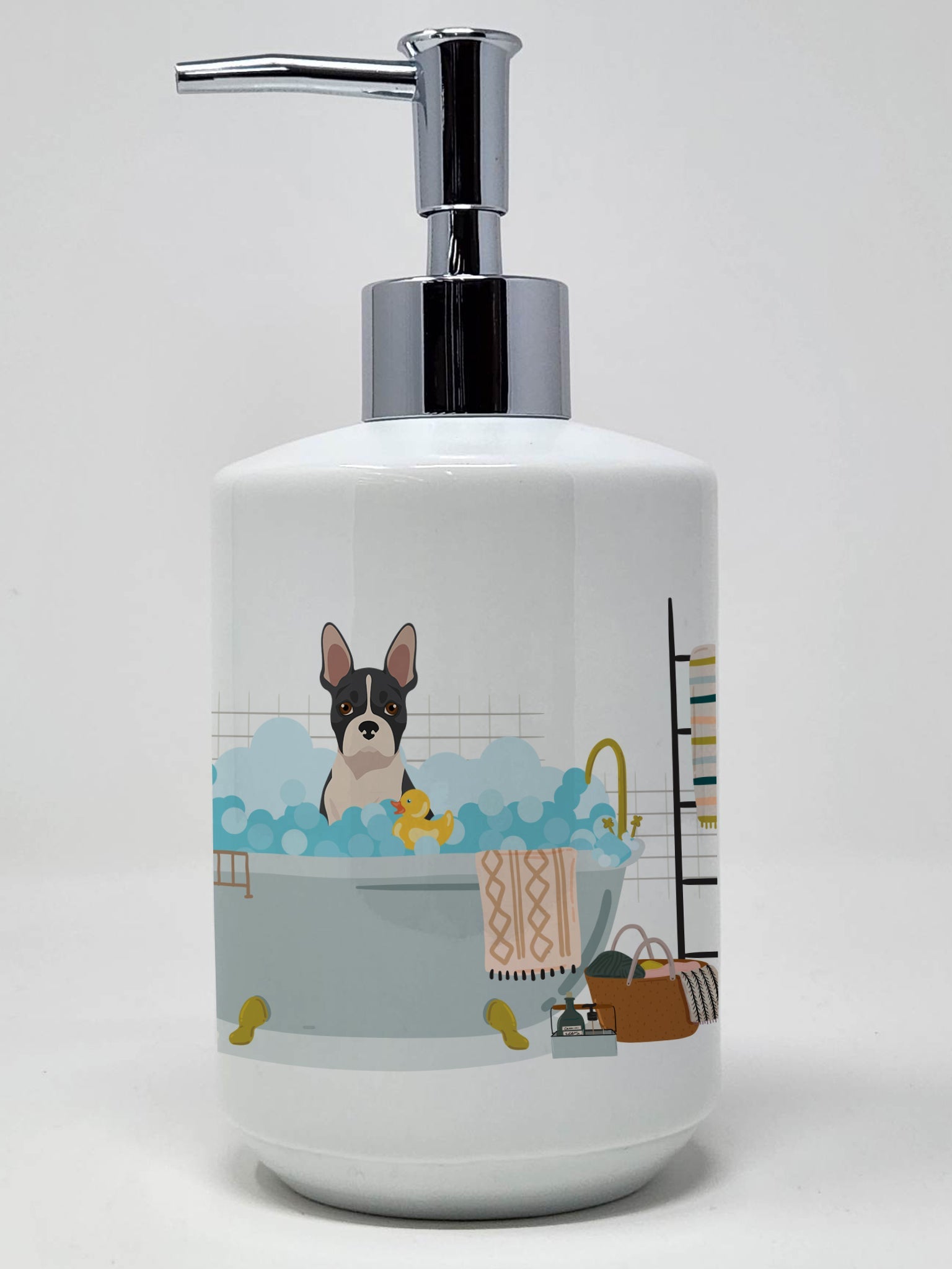 Black Boston Terrier Ceramic Soap Dispenser , Empty Refillable Hand Soap Pump Bottle for Bathroom Kitchen
