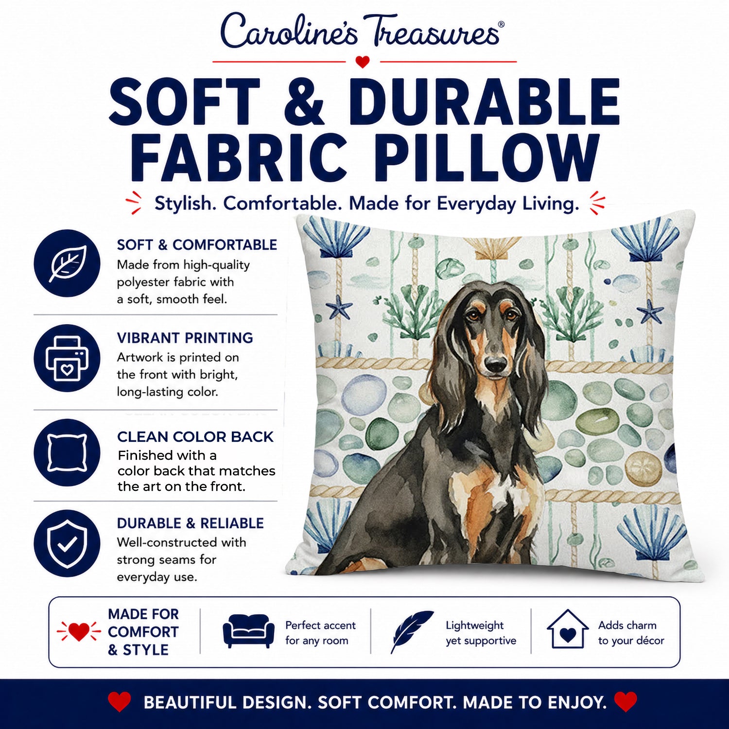 Black & Tan Afghan Hound Coastal Sea Glass Decorative Throw Pillow 14x14 Indoor Outdoor Accent Cushion, Fabric Cover with Insert for Sofa, Bed, Porch & Living Room
