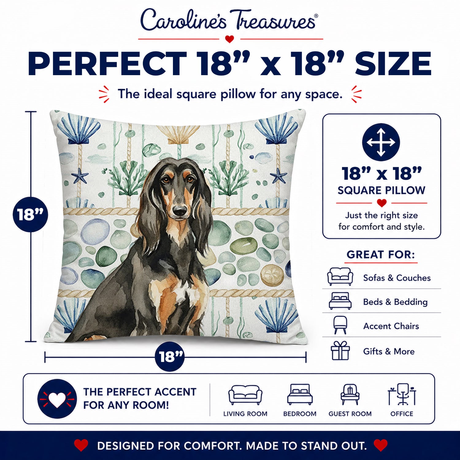 Black & Tan Afghan Hound Coastal Sea Glass Decorative Throw Pillow 18x18 Indoor Outdoor Accent Cushion, Fabric Cover with Insert for Sofa, Bed, Porch & Living Room