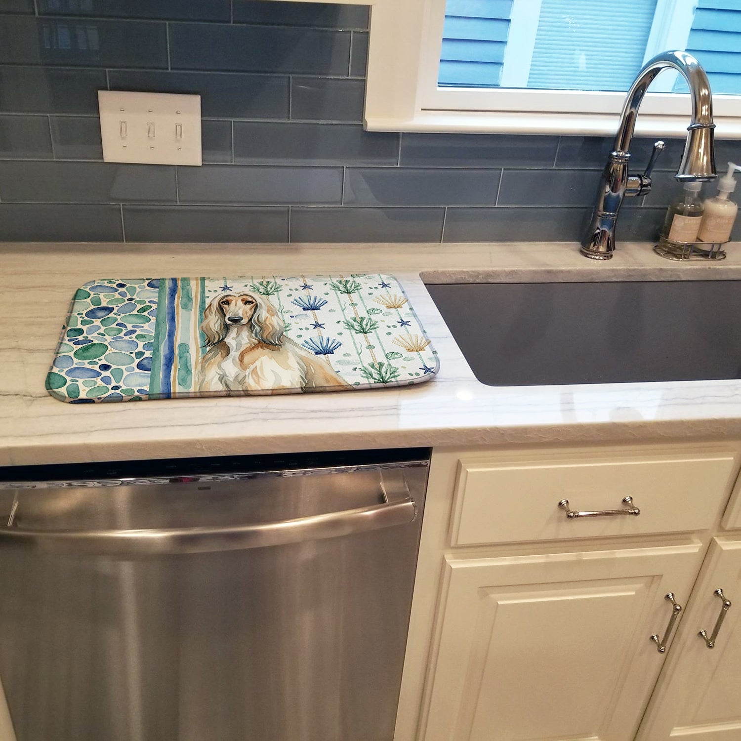 Afghan Hound Coastal Sea Glass Dish Drying Mat Absorbent Dish Drying Mat Pad for Kitchen Counter Dish Drainer Mat for Countertop, 14 x 21", Multicolor