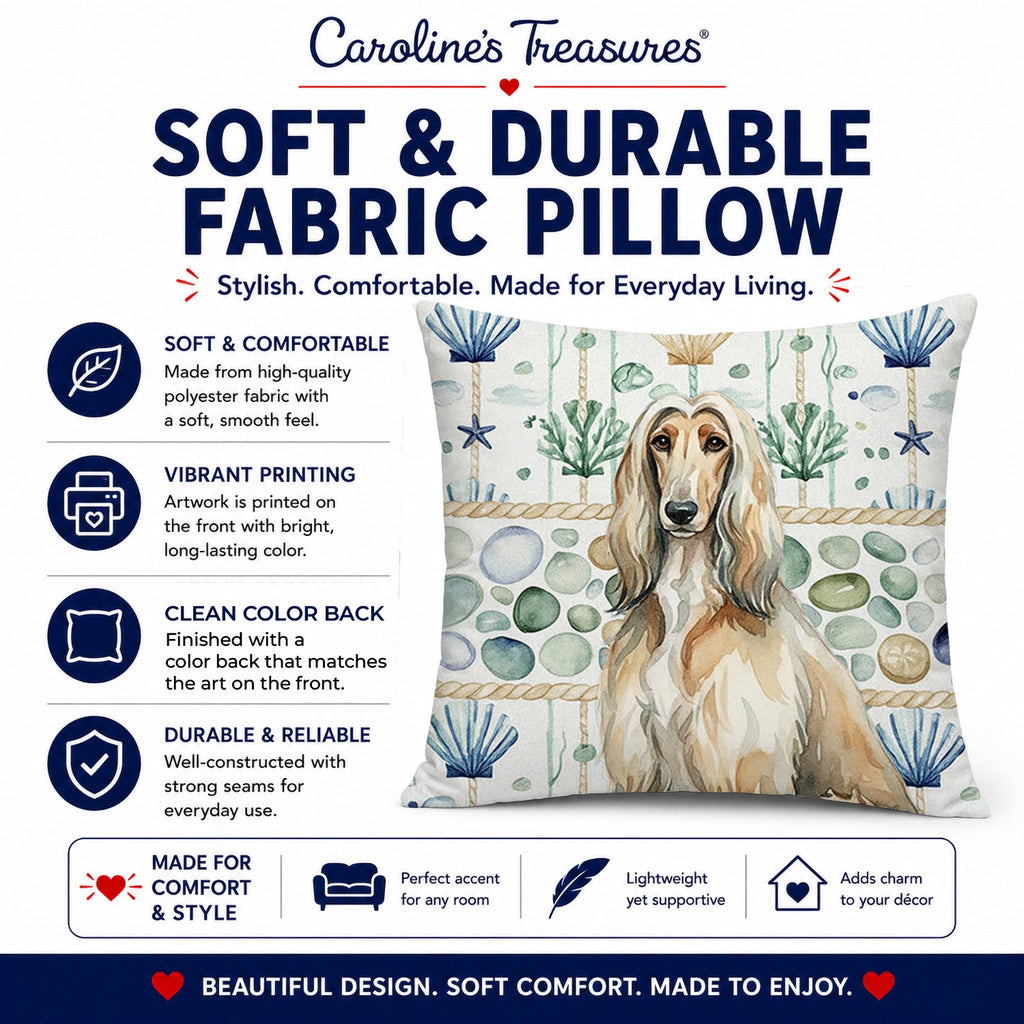 Afghan Hound Coastal Sea Glass Decorative Throw Pillow 18x18 Indoor Outdoor Accent Cushion, Fabric Cover with Insert for Sofa, Bed, Porch & Living Room