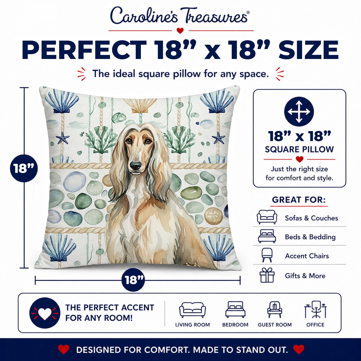 Afghan Hound Coastal Sea Glass Decorative Throw Pillow 18x18 Indoor Outdoor Accent Cushion, Fabric Cover with Insert for Sofa, Bed, Porch & Living Room