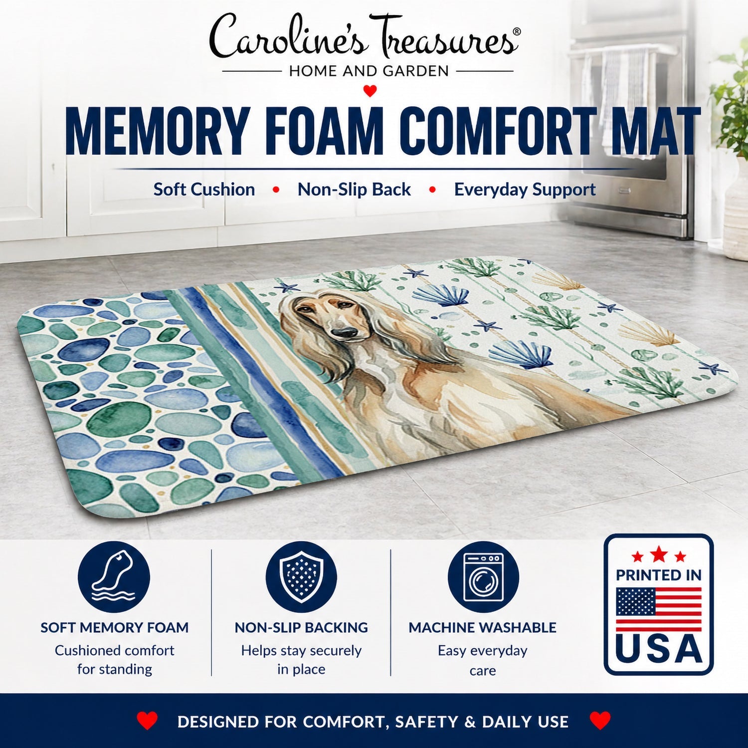 Afghan Hound Coastal Sea Glass Memory Foam Kitchen Mat Machine Washable Anti-Fatigue Cushion Comfort Bath or Kitchen Rug