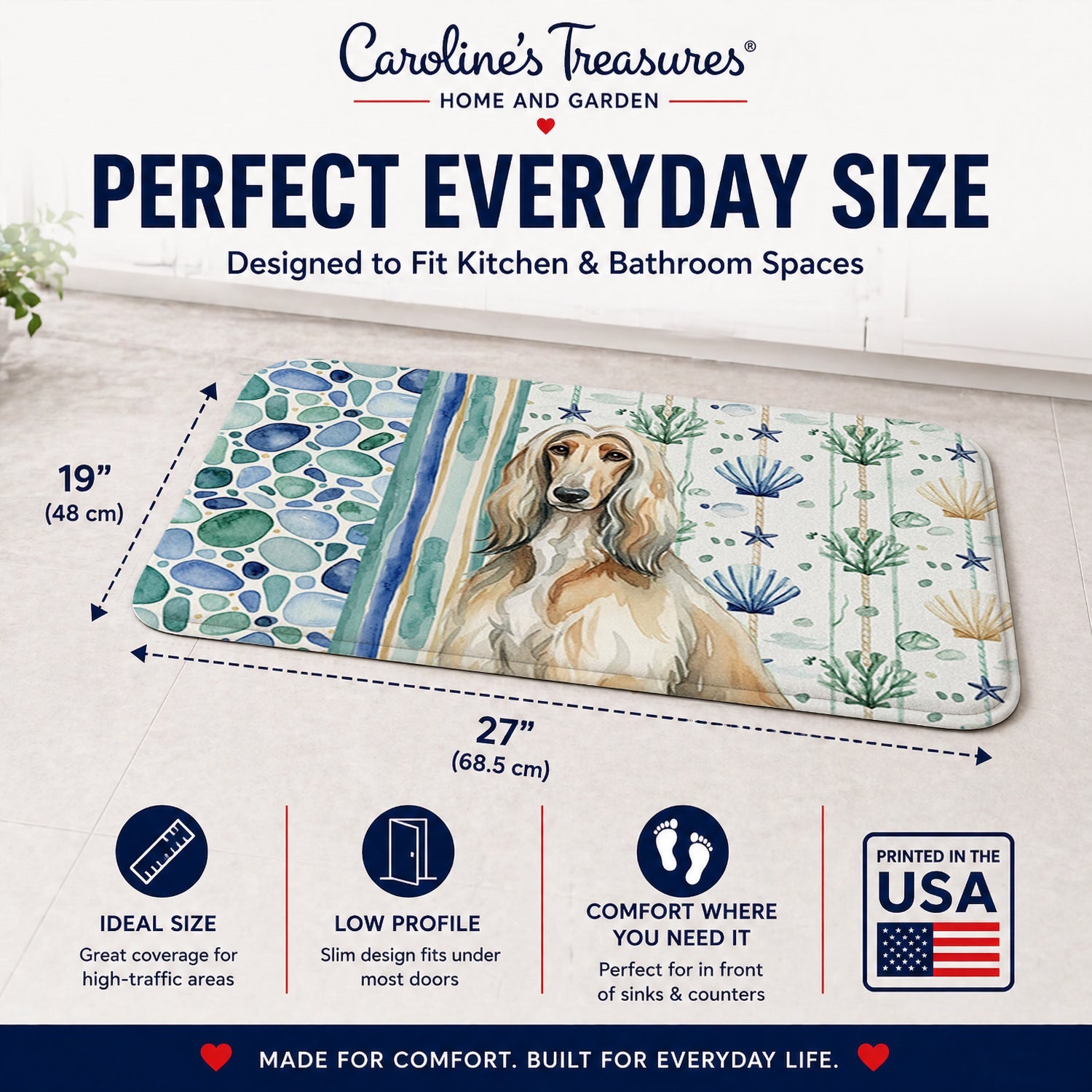 Afghan Hound Coastal Sea Glass Memory Foam Kitchen Mat Machine Washable Anti-Fatigue Cushion Comfort Bath or Kitchen Rug