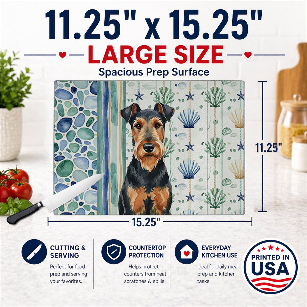 Airedale Terrier Coastal Sea Glass Cutting Board Tempered Glass Kitchen Cutting Surface, Heat Resistant Chopping, Non-Slip Feet, Food Prep & Serving