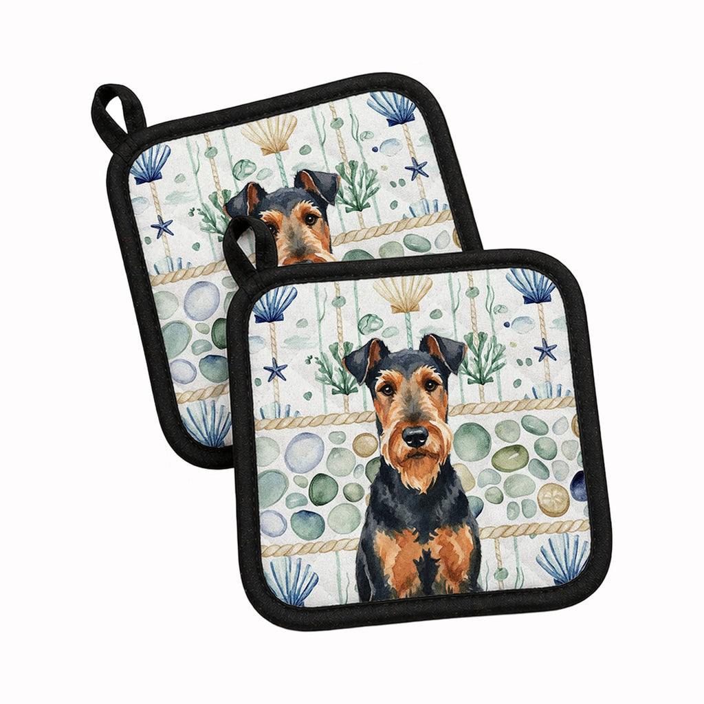 Airedale Terrier Coastal Sea Glass Pot Holder Set of 2 Heat Resistant Quilted Hot Pads 7.5 x 7.5 Inch, Insulated Kitchen Trivets for Cooking & Baking
