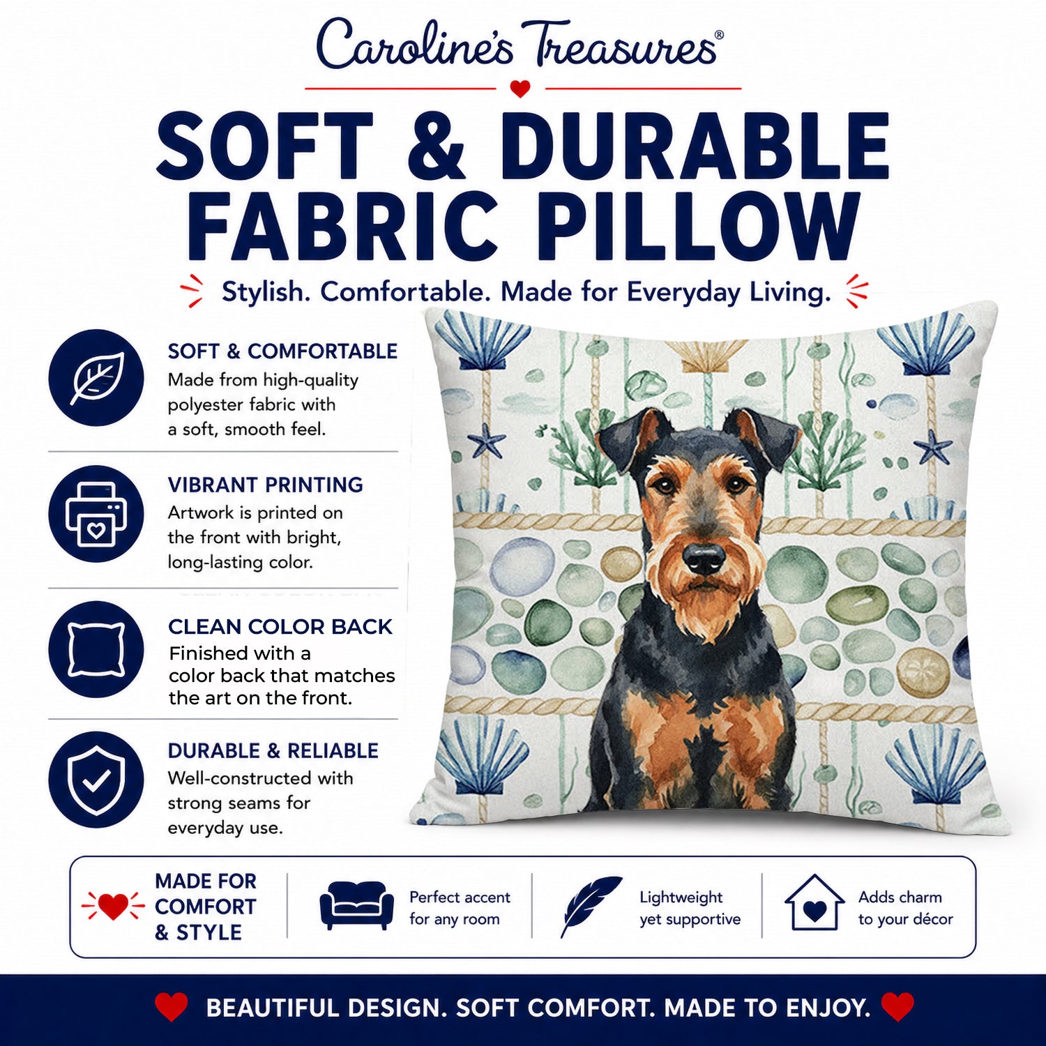 Airedale Terrier Coastal Sea Glass Decorative Throw Pillow 14x14 Indoor Outdoor Accent Cushion, Fabric Cover with Insert for Sofa, Bed, Porch & Living Room