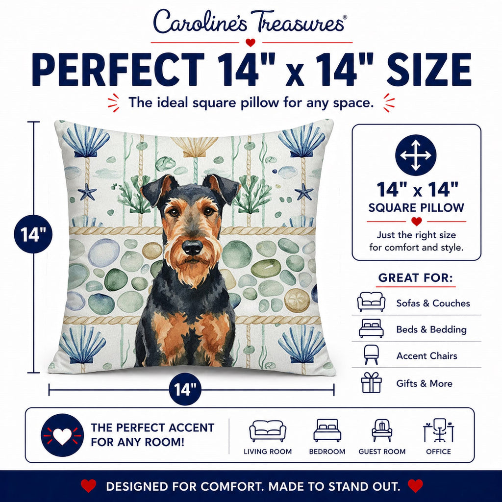 Airedale Terrier Coastal Sea Glass Decorative Throw Pillow 14x14 Indoor Outdoor Accent Cushion, Fabric Cover with Insert for Sofa, Bed, Porch & Living Room