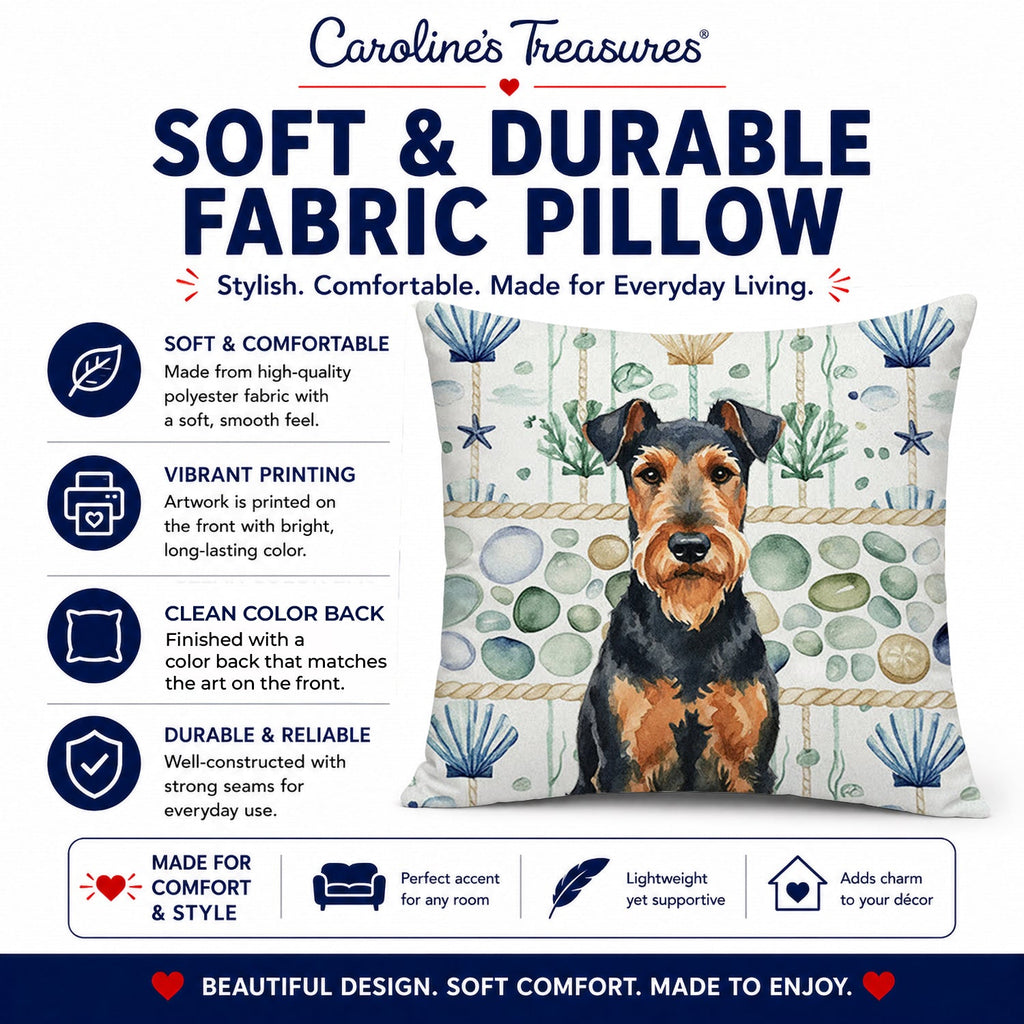 Airedale Terrier Coastal Sea Glass Decorative Throw Pillow 18x18 Indoor Outdoor Accent Cushion, Fabric Cover with Insert for Sofa, Bed, Porch & Living Room